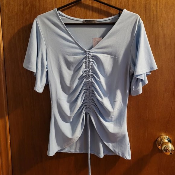BNWT Suzy Sheir Baby Blue Drawstring Flutter Sleeve Top M - Picture 2 of 6